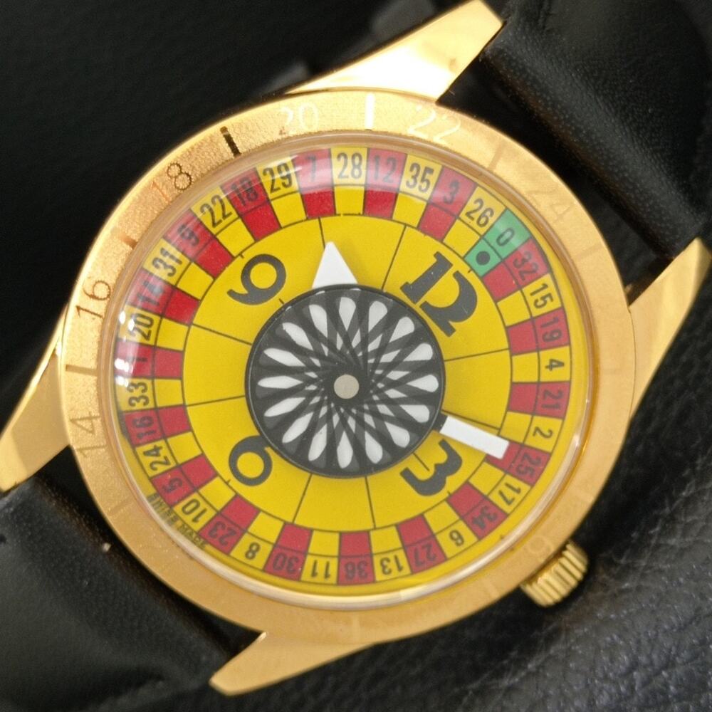 Vintage 1979 Roulette Manual Mens Gold Watch W/Leather Strap & Red/Yellow accent